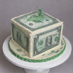 Generate an image of a whimsical cake, intricately decorated with icing and fondant to resemble a $1 bill.