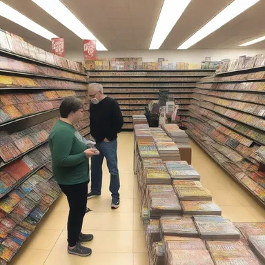 The comic book store teems in with customers on new release day.