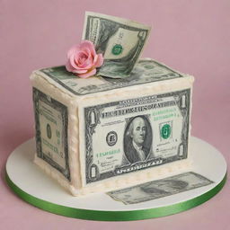 Generate an image of a whimsical cake, intricately decorated with icing and fondant to resemble a $1 bill.