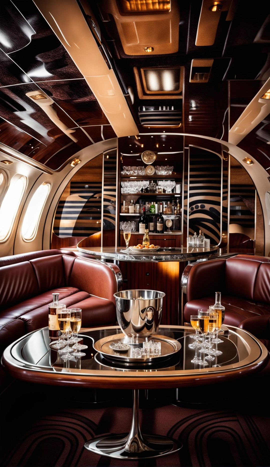 Art Deco styled private jet interior with low lighting and champagne.