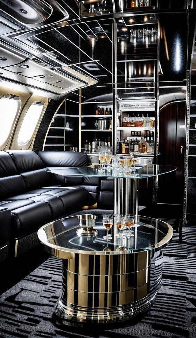 Modern Art Deco styled private jet interior.