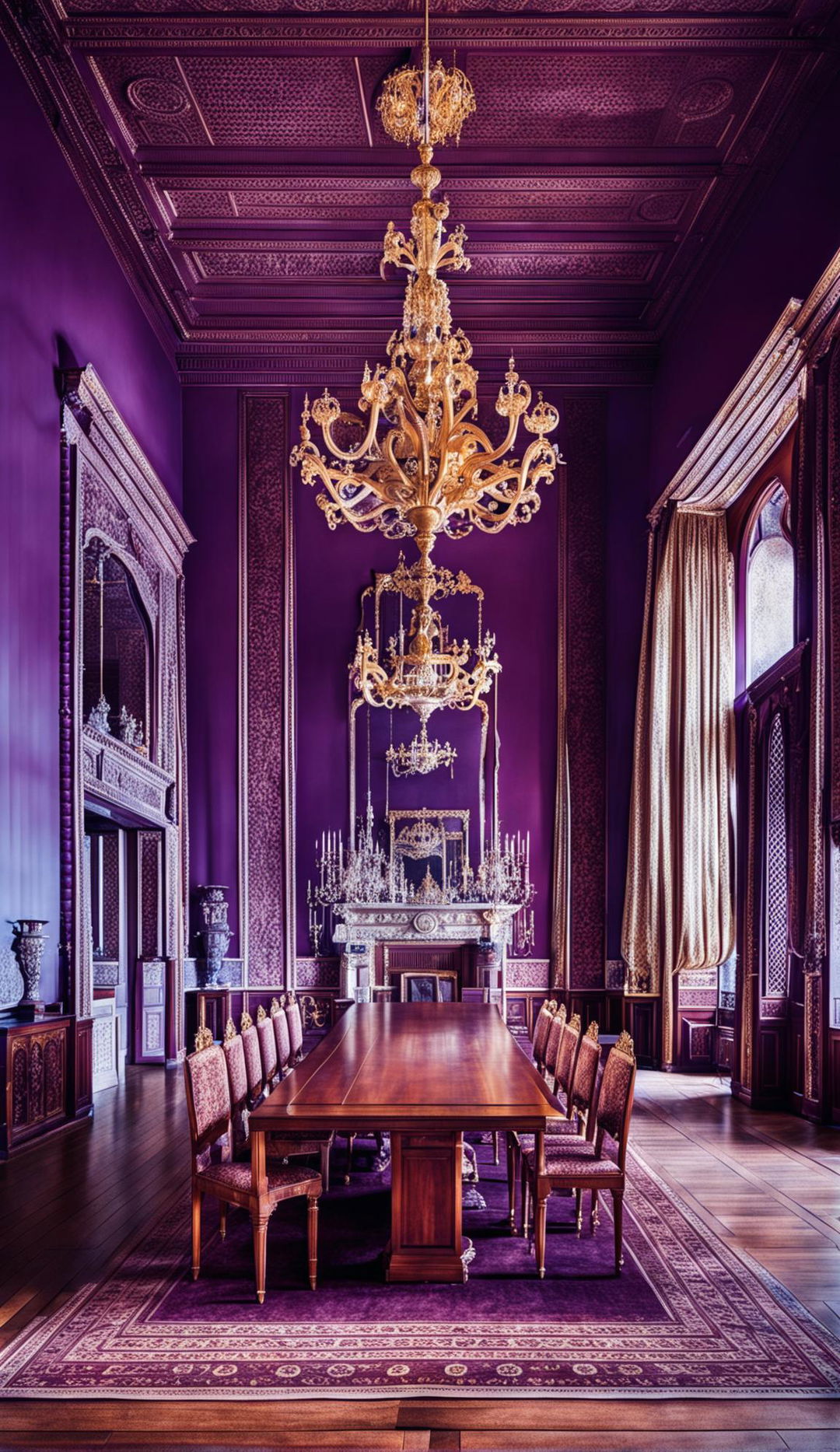 A photograph of Birmingham Palace's interior with rich purple walls adorned with gold trimmings, antique furniture, crystal chandeliers, a grand white marble fireplace, and velvet curtains framing a view of the palace gardens.