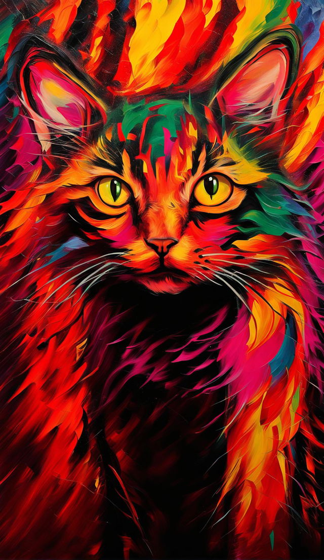 A fauvist painting of a cat in bold oranges and purples against a vibrant background of blues, yellows, and reds.