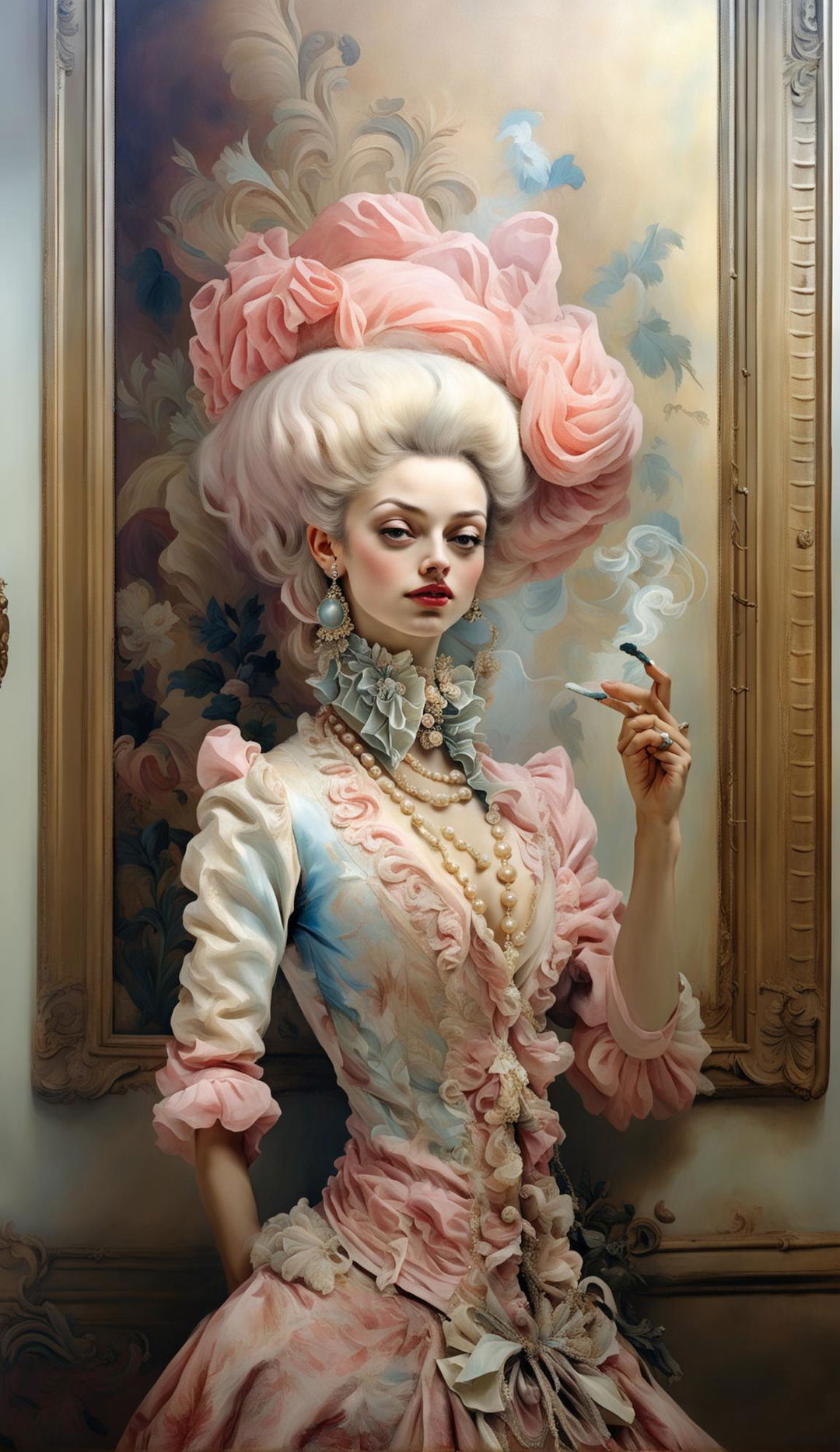 Rococo styled painting of a French woman in a lavish dress, powdered wig, holding a cigarette holder with red lipstick in an extravagant room.