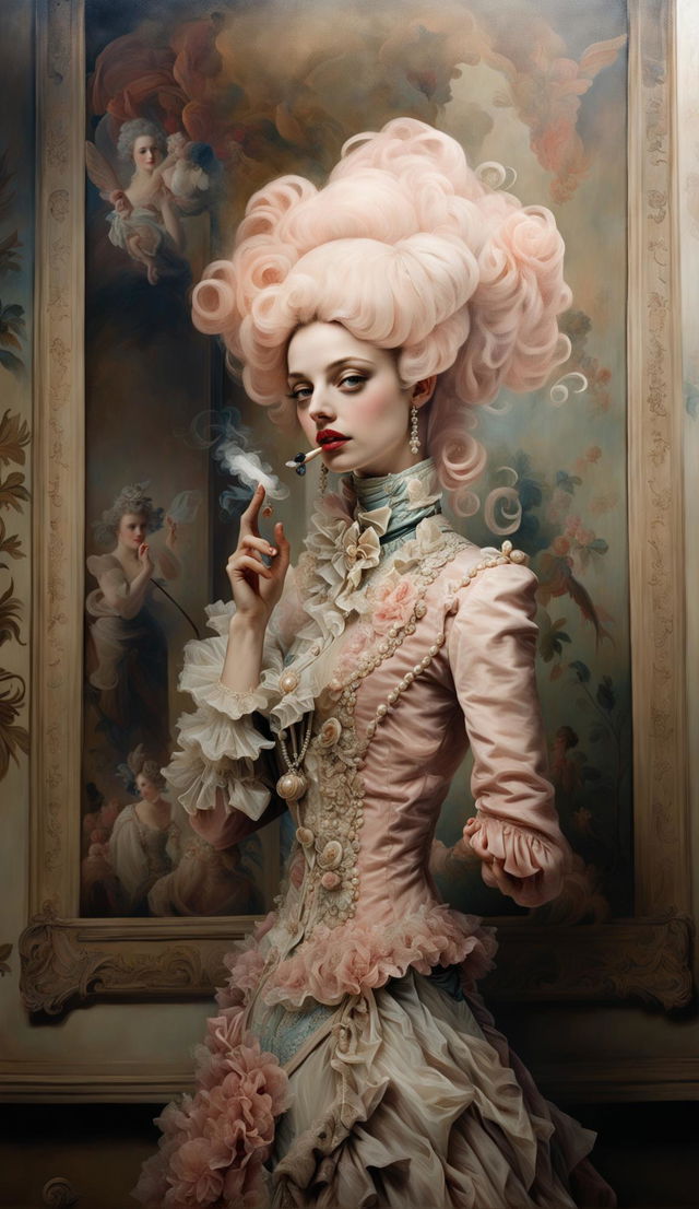 Rococo styled painting of a French woman in a luxurious dress, powdered wig, holding a cigarette holder with red lipstick in a grand room.