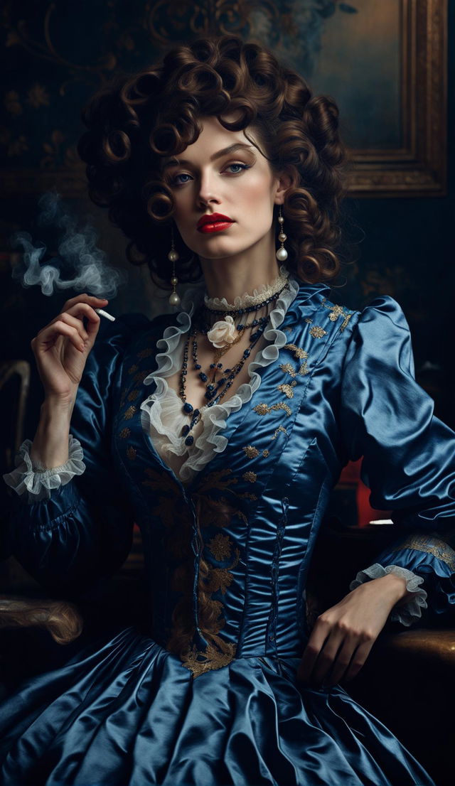 A Baroque-style portrait of a French woman in a royal blue gown with gold embroidery, holding a cigarette between her red lips in a lavish salon.