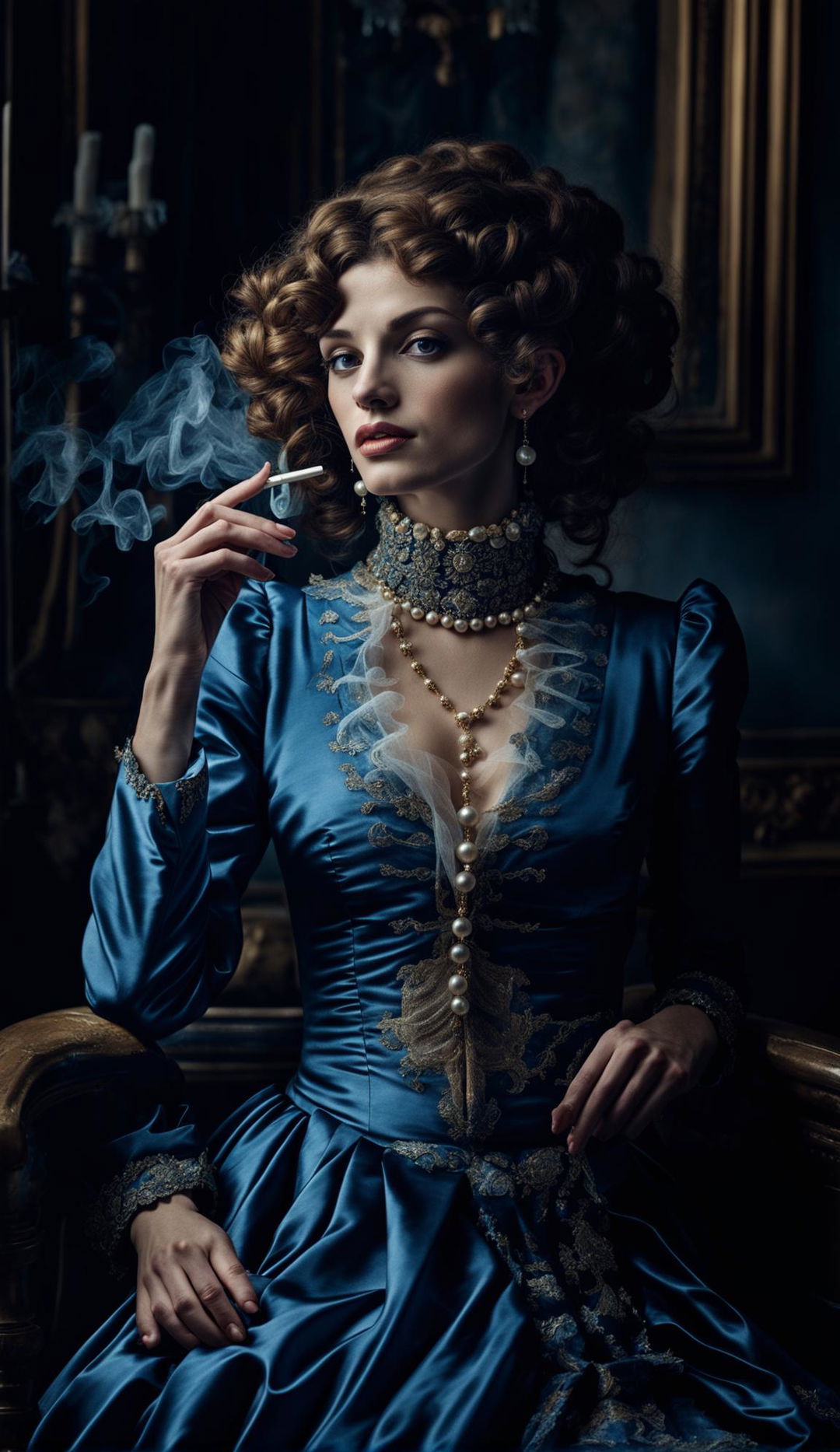 A Baroque-style portrait of a French woman in a royal blue gown with gold embroidery, holding a cigarette to her red lips in a lavish salon.