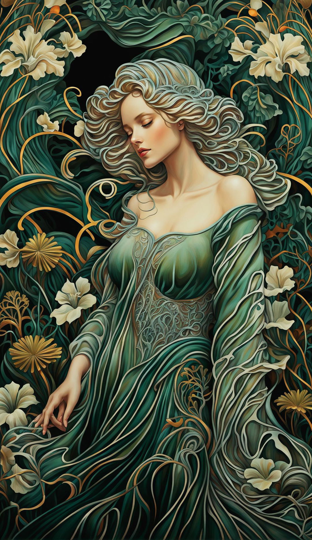 Art Nouveau digital art featuring a serene woman in an emerald gown amidst a background of intricate organic shapes and forms.