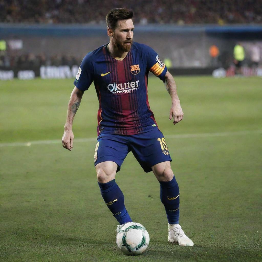 Lionel Messi in an action stance, wearing a Barcelona kit, with a soccer ball at his feet