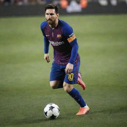 Lionel Messi in an action stance, wearing a Barcelona kit, with a soccer ball at his feet