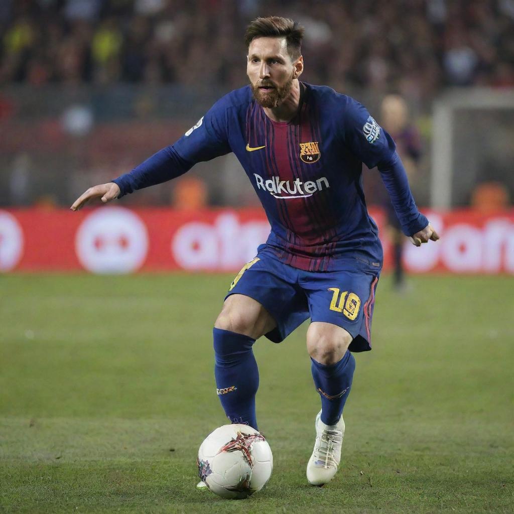 Lionel Messi in an action stance, wearing a Barcelona kit, with a soccer ball at his feet