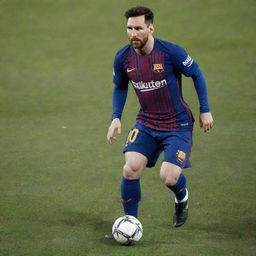 Lionel Messi in an action stance, wearing a Barcelona kit, with a soccer ball at his feet