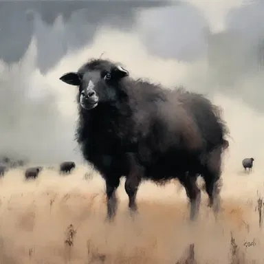 The artist beautifully captured the image of a black sheep in his painting.