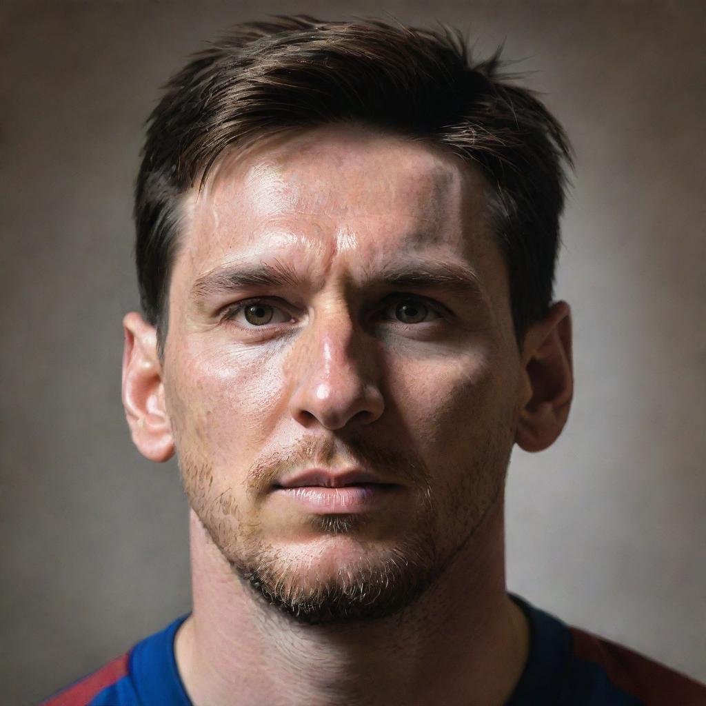 A detailed, realistic portrait of Lionel Messi, showcasing his distinctive features, short brown hair, and intense gaze.