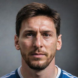 A detailed, realistic portrait of Lionel Messi, showcasing his distinctive features, short brown hair, and intense gaze.