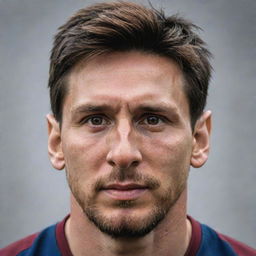 A detailed, realistic portrait of Lionel Messi, showcasing his distinctive features, short brown hair, and intense gaze.