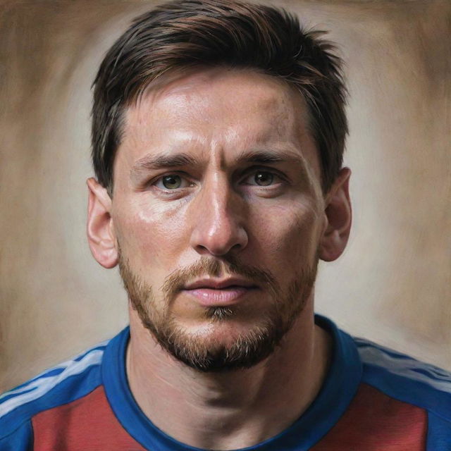 A detailed, realistic portrait of Lionel Messi, showcasing his distinctive features, short brown hair, and intense gaze.