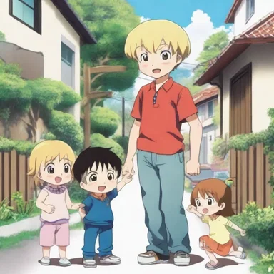 In the anime series, the main character becomes a baby-sitter for his neighbor's mischievous children.