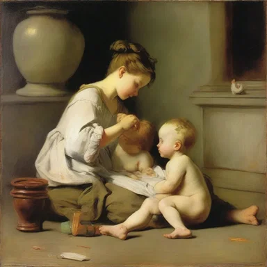 The famous painter depicted a serene scene of a baby-sitter playing with children in one of his masterpieces.