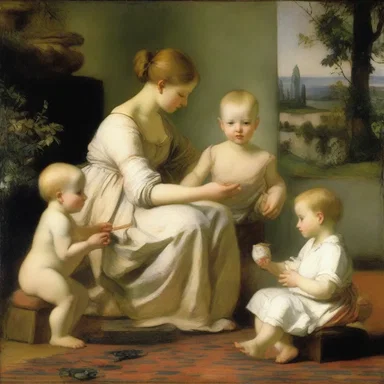 The famous painter depicted a serene scene of a baby-sitter playing with children in one of his masterpieces.