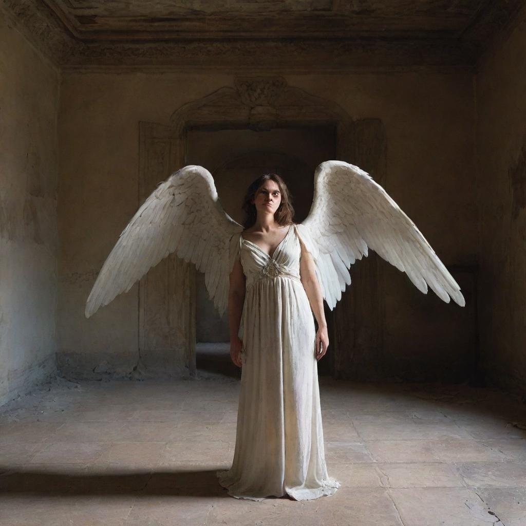 An angel with long, wounded wings in an ancient room