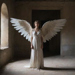 An angel with long, wounded wings in an ancient room