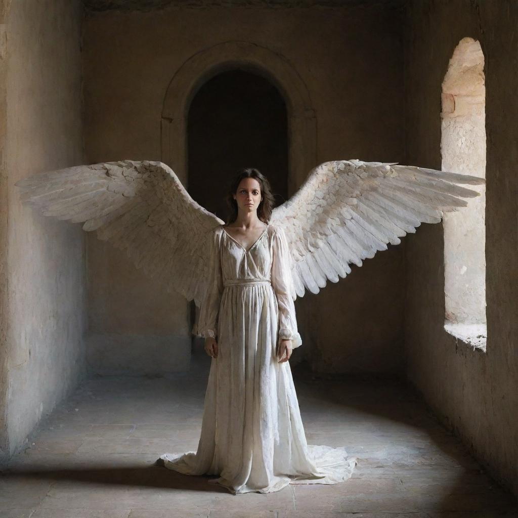 An angel with long, wounded wings in an ancient room