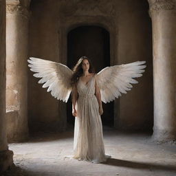 An angel with long, wounded wings in an ancient room