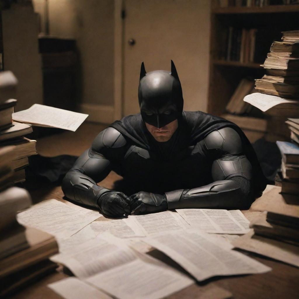 Batman engrossed in studying, lying down on the floor with books and papers strewn around him, under a dimly lit room.