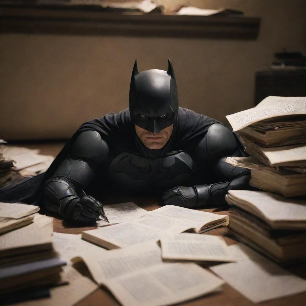 Batman engrossed in studying, lying down on the floor with books and papers strewn around him, under a dimly lit room.