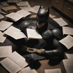 Batman engrossed in studying, lying down on the floor with books and papers strewn around him, under a dimly lit room.