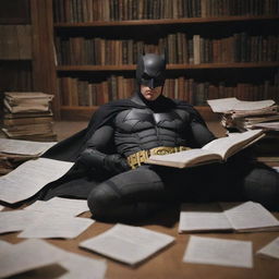 Batman engrossed in studying, lying down on the floor with books and papers strewn around him, under a dimly lit room.