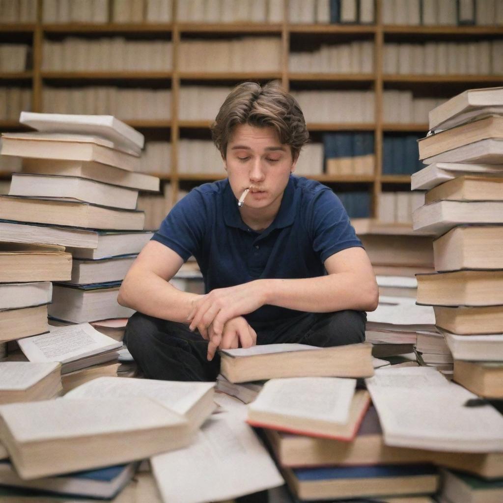 A student visibly tired, sits amidst piles of books, taking a much-needed break while holding a smoking cigarette.