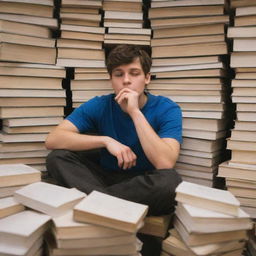 A student visibly tired, sits amidst piles of books, taking a much-needed break while holding a smoking cigarette.