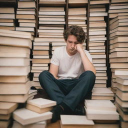 A student visibly tired, sits amidst piles of books, taking a much-needed break while holding a smoking cigarette.