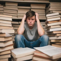 A student visibly tired, sits amidst piles of books, taking a much-needed break while holding a smoking cigarette.