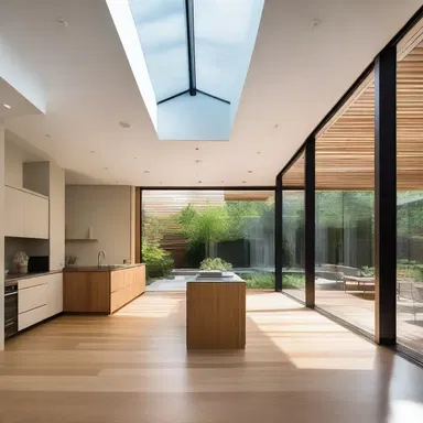 The modern house design followed a centralising layout with a large atrium in the middle, uniting all the surrounding spaces.