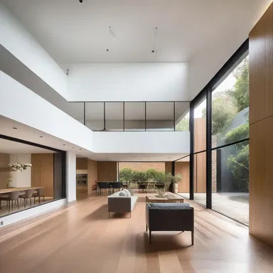 The modern house design followed a centralising layout with a large atrium in the middle, uniting all the surrounding spaces.