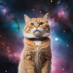 An adventurous cat floating in outer space, surrounded by glittering stars, distant colorful nebulae, and celestial bodies.