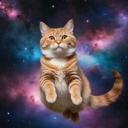 An adventurous cat floating in outer space, surrounded by glittering stars, distant colorful nebulae, and celestial bodies.