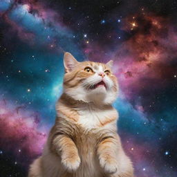 An adventurous cat floating in outer space, surrounded by glittering stars, distant colorful nebulae, and celestial bodies.