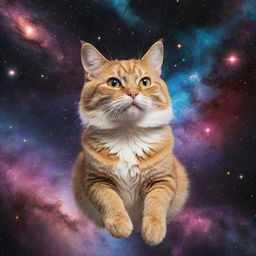 An adventurous cat floating in outer space, surrounded by glittering stars, distant colorful nebulae, and celestial bodies.