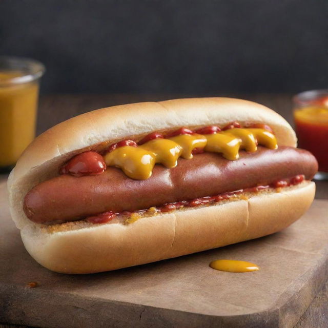 A detailed and visually appealing image of a fresh hotdog with mustard and ketchup on top, nestled in a soft bun.