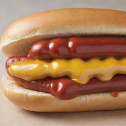 A detailed and visually appealing image of a fresh hotdog with mustard and ketchup on top, nestled in a soft bun.