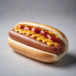 A detailed and visually appealing image of a fresh hotdog with mustard and ketchup on top, nestled in a soft bun.