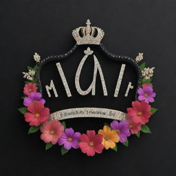 Generate a 3D mockup logo that is black in color and has 'Mahi Rehman' written on it, topped with a crown made of flowers and diamonds.