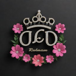 Generate a 3D mockup logo that is black in color and has 'Mahi Rehman' written on it, topped with a crown made of flowers and diamonds.