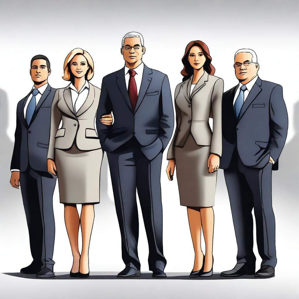 A high-quality digital art image featuring a group of business leaders standing in formal business attire