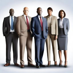 A high-quality digital art image featuring a group of business leaders standing in formal business attire