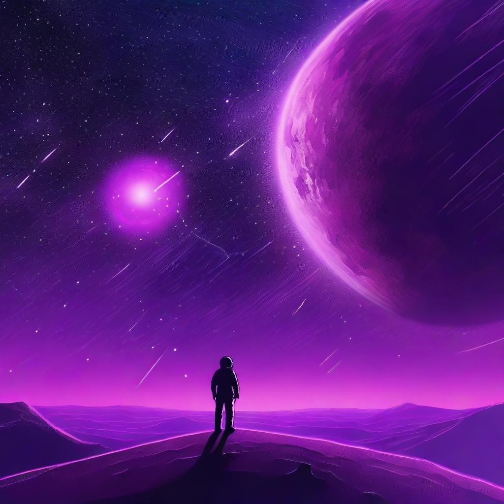 A high-quality digital art piece depicting a barren planet under a vibrant purple galactic sky